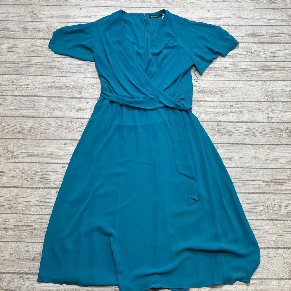 NEW Lauren Ralph Lauren Midi Dress Women's 16 Blue Teal Flutter Sleeve Faux Wrap